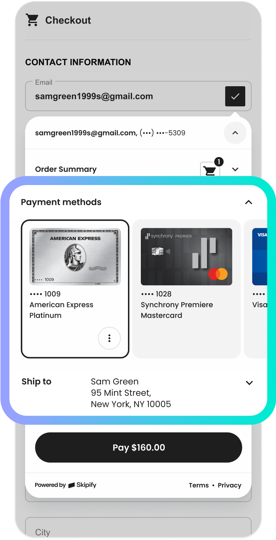 Payment carousel with several different credit cards