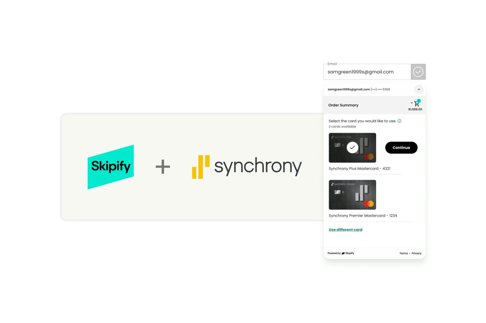 Skipify and Synchrony logo next to an image of Skipify Connected Wallet with Synchrony credit cards