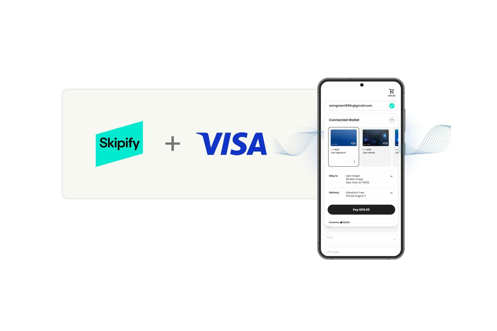 Skipify and Visa logo next to an image of a phone with the Skipify Connected Wallet with Visa cards